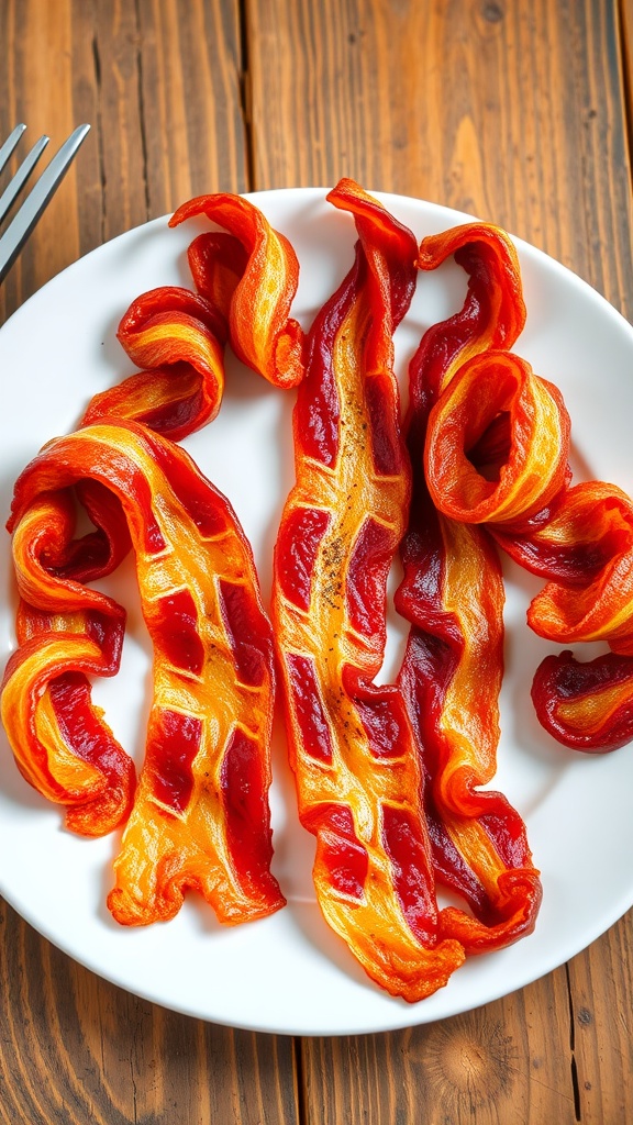 Crispy bacon twisted into fun shapes, served on a rustic plate, with a sprinkle of pepper.
